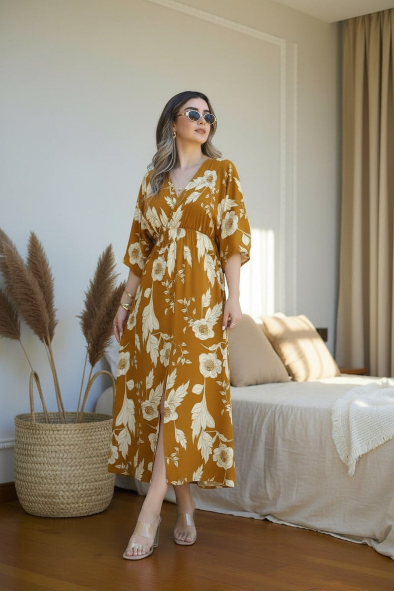 Female yellow printed rayon dress indoor photoshoot
