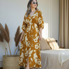 Female yellow printed rayon dress indoor photoshoot
