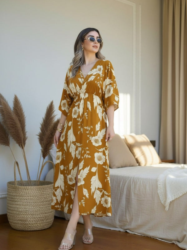 Female yellow printed rayon dress indoor photoshoot
