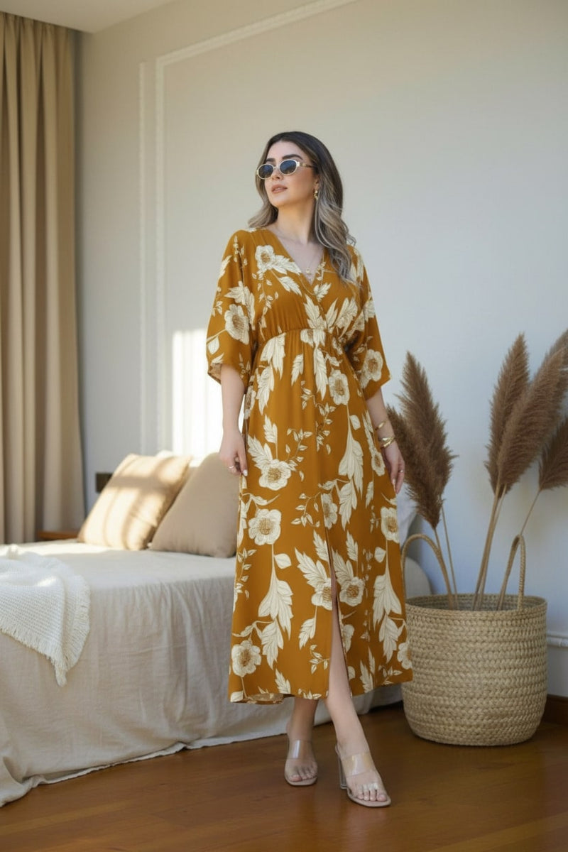 Casual wear yellow floral fit and flare dress female