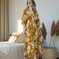 Casual wear yellow floral fit and flare dress female