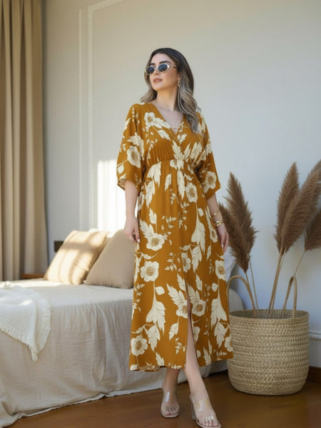 Casual wear yellow floral fit and flare dress female