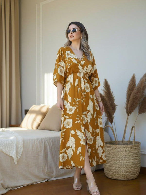 Casual wear yellow floral fit and flare dress female