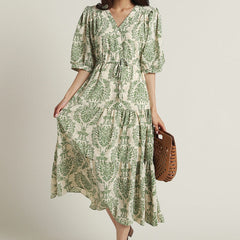 Lady green floral rayon fit and flare dress front view
