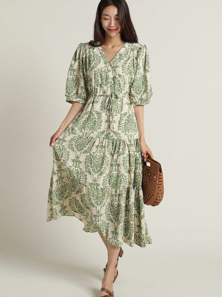 Lady green floral rayon fit and flare dress front view
