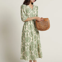 Elegant green floral rayon dress with 3/4 sleeves
