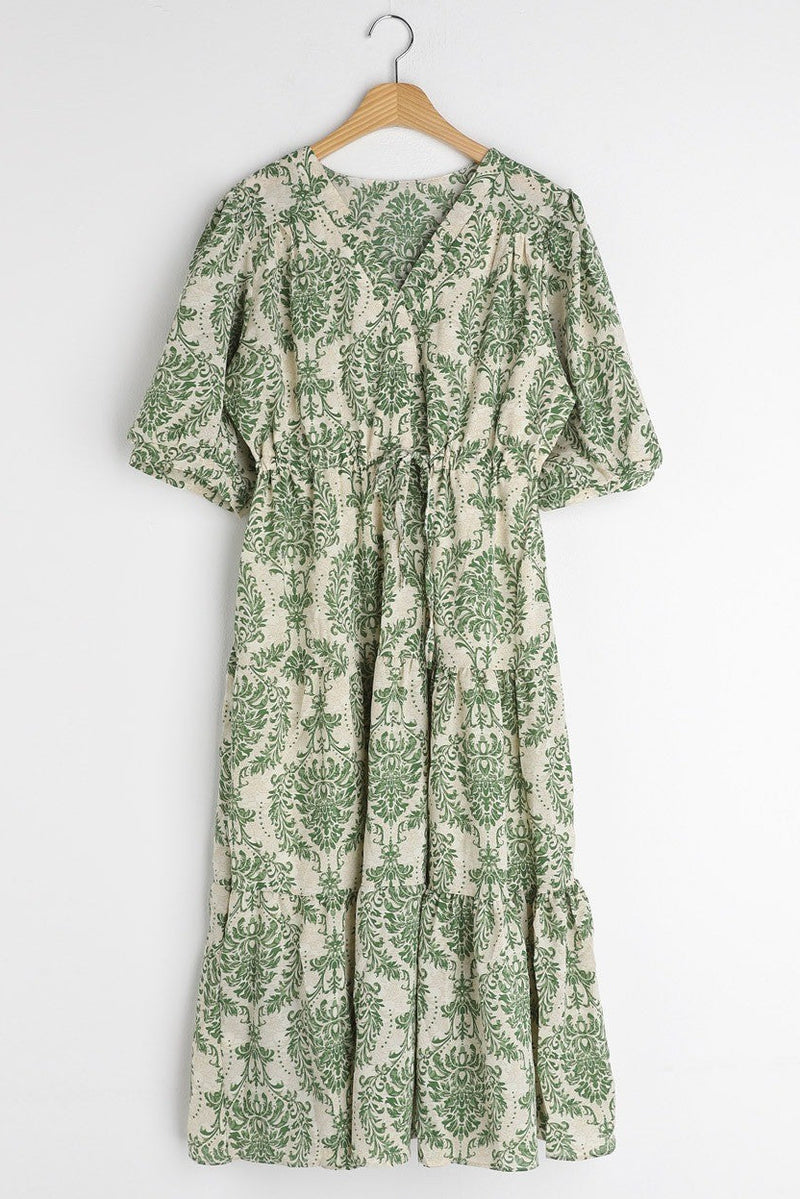 Lady green printed rayon dress side view
