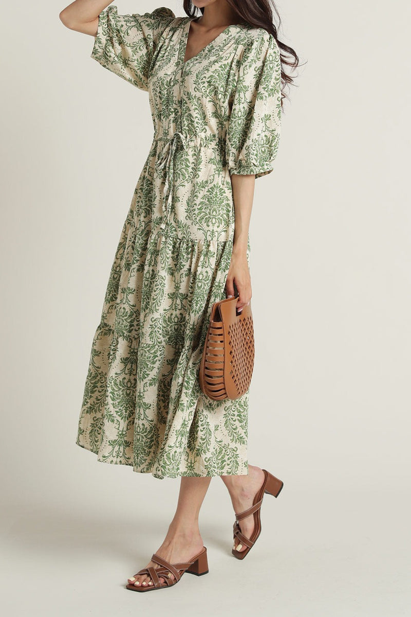 Green floral V neck fit and flare dress for lady
