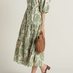 Green floral V neck fit and flare dress for lady
