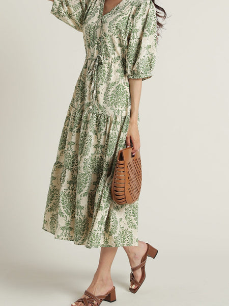 Green floral V neck fit and flare dress for lady
