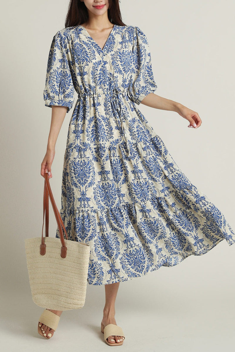 Elegant blue rayon dress with 3/4 sleeves
