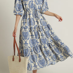 Elegant blue rayon dress with 3/4 sleeves
