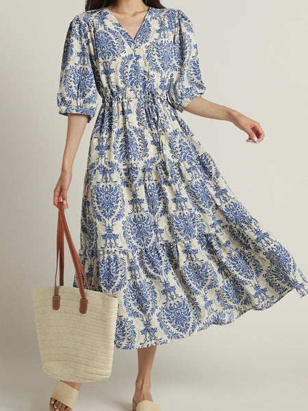 Elegant blue rayon dress with 3/4 sleeves
