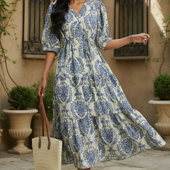 Lady blue printed rayon fit and flare dress front view
