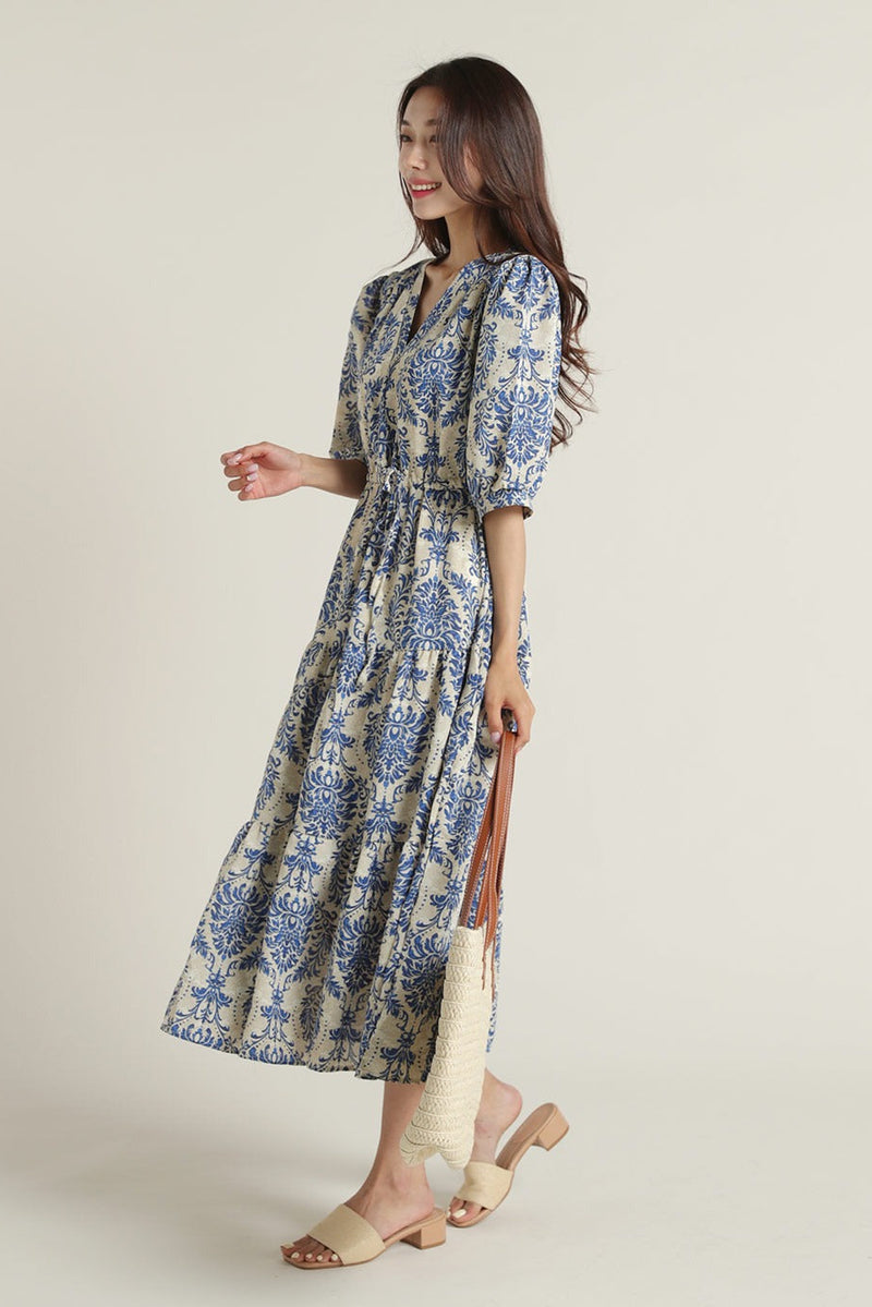 Casual wear blue printed rayon dress lady