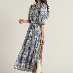 Casual wear blue printed rayon dress lady