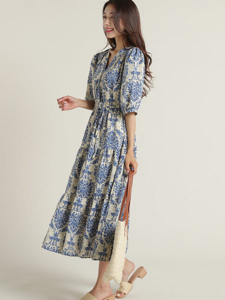 Casual wear blue printed rayon dress lady