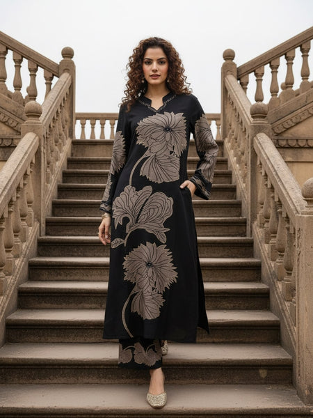 Black Pure Cotton Printed Kurta Set for Women