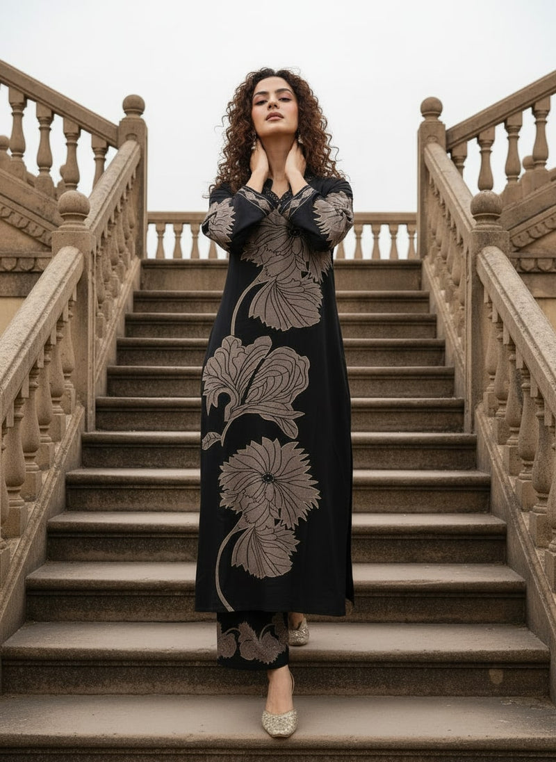 Black Pure Cotton Printed Kurta Set for Women