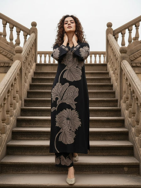 Black Pure Cotton Printed Kurta Set for Women