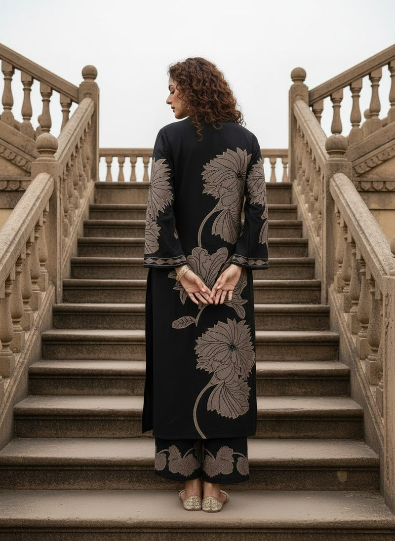 Black Pure Cotton Printed Kurta Set for Women