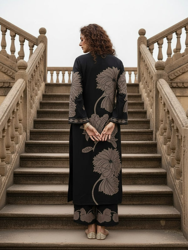 Black Pure Cotton Printed Kurta Set for Women