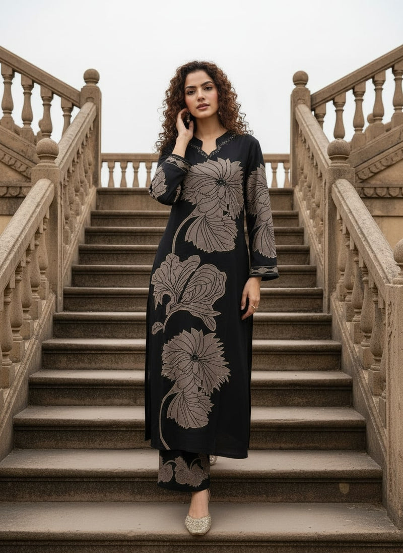 Black Pure Cotton Printed Kurta Set for Women