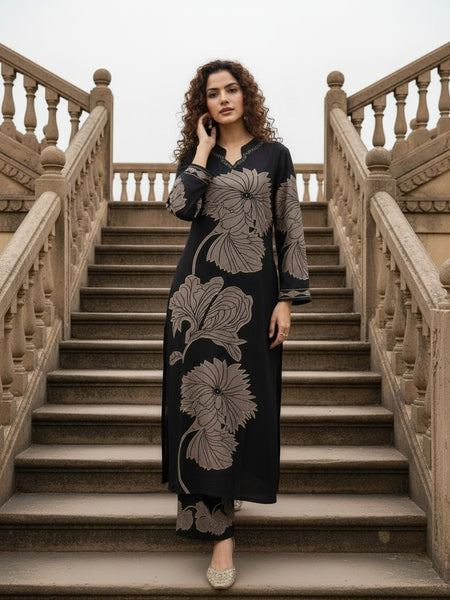 Black Pure Cotton Printed Kurta Set for Women