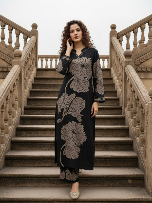 Black Pure Cotton Printed Kurta Set for Women