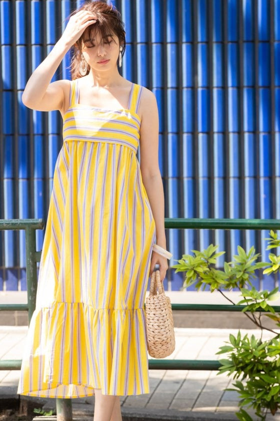 Woman yellow striped rayon fit and flare dress front view
