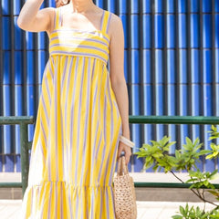 Woman yellow striped rayon fit and flare dress front view
