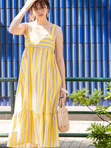 Woman yellow striped rayon fit and flare dress front view
