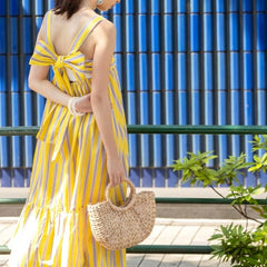 Yellow striped square neck fit and flare dress for woman
