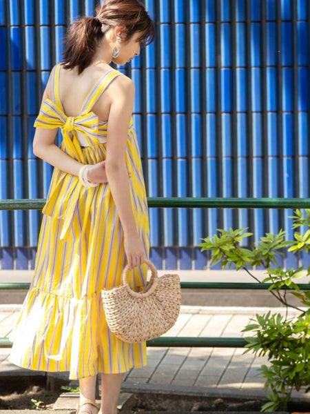 Yellow striped square neck fit and flare dress for woman
