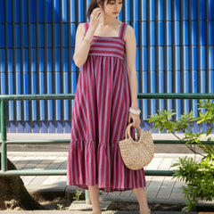 Women Magenta Striped Midi Dress Front