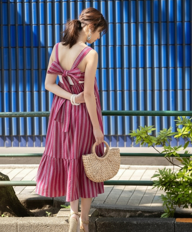Women Magenta Striped Midi Dress Back