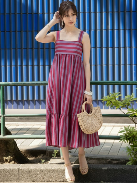 Women Magenta Striped Midi Dress front pose