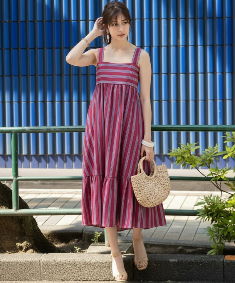 Women Magenta Striped Midi Dress front pose