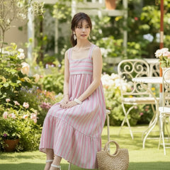Women pink Striped Midi Dress Sitting