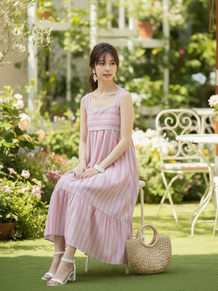 Women pink Striped Midi Dress Sitting