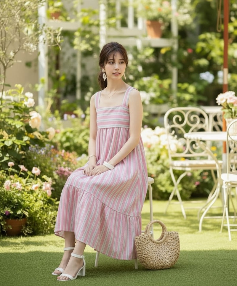 Women pink Striped Midi Dress Sitting