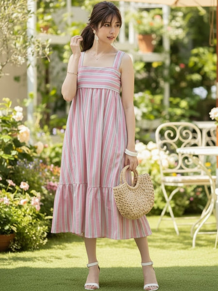 Women pink Striped Midi Dress Front
