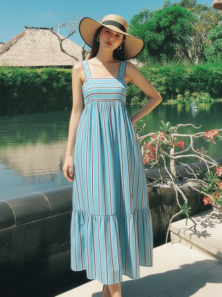 Women Sky Striped Midi Dress Front