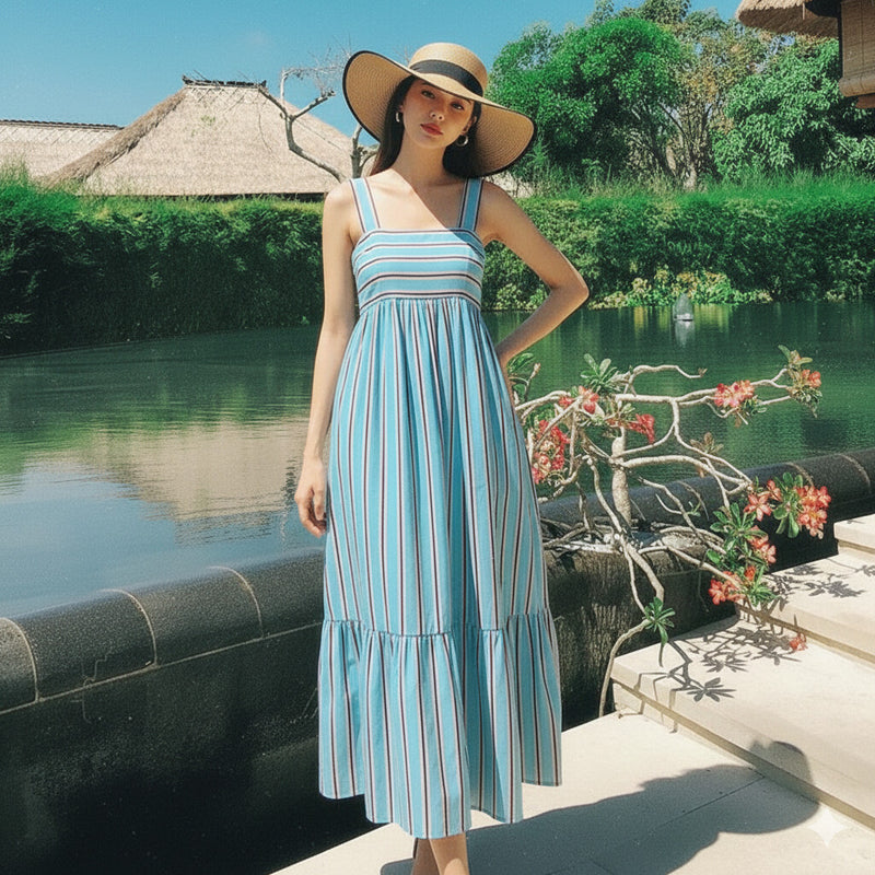Women Sky Striped Midi Dress Front