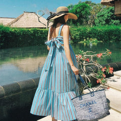 Women Sky Striped Midi Dress Back