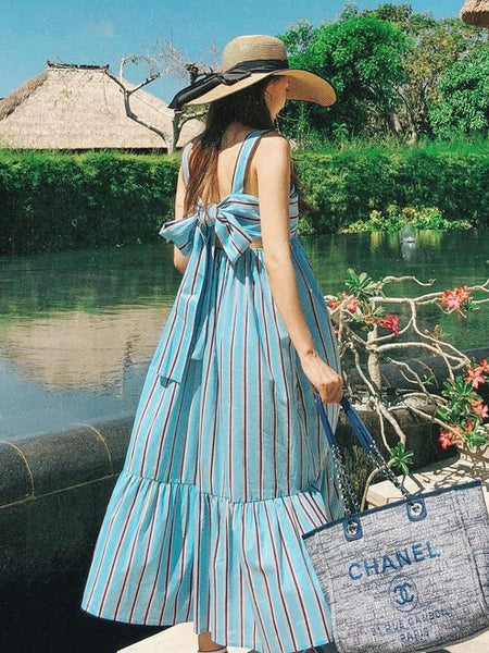 Women Sky Striped Midi Dress Back