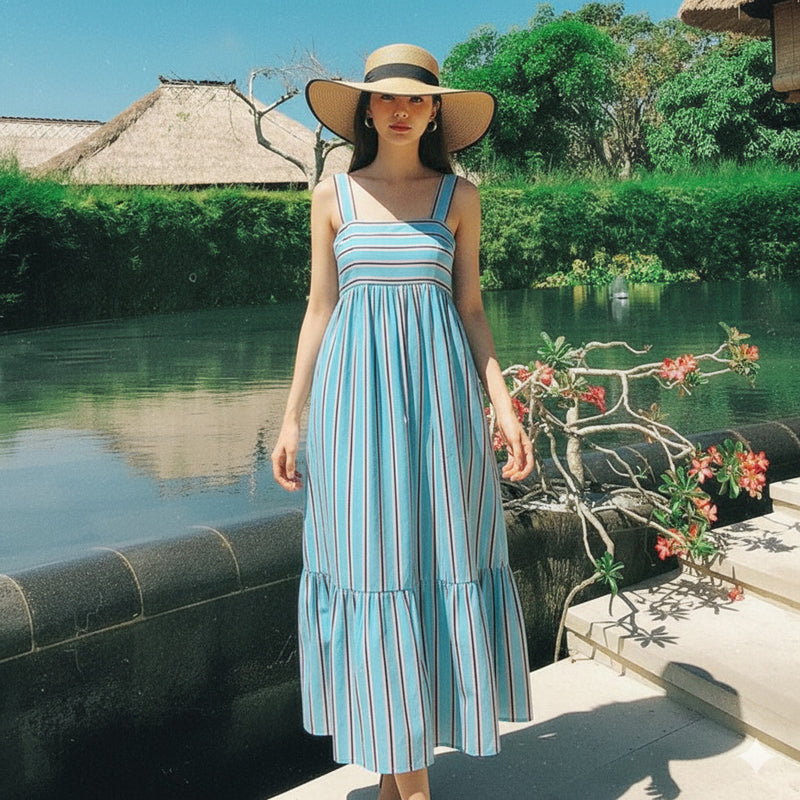 Women Sky Striped Midi Dress 
