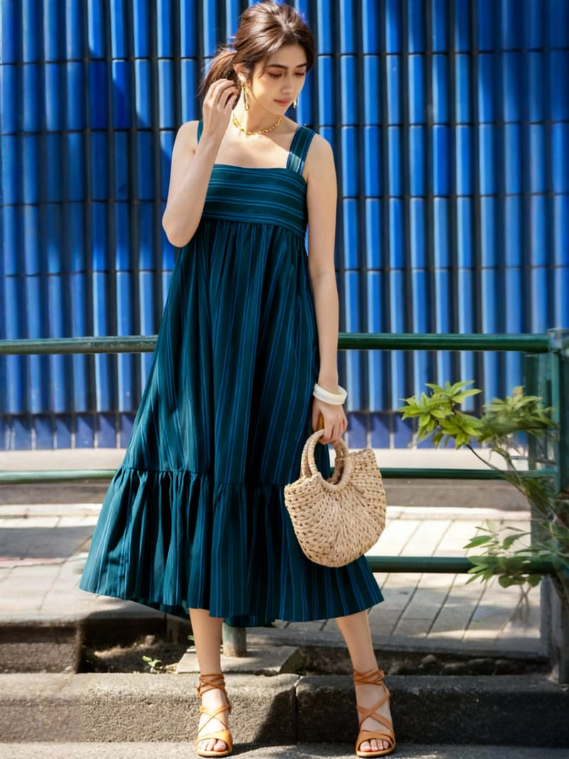 Women Blue Striped Midi Dress Front