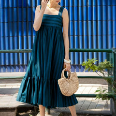 Women Blue Striped Midi Dress Front