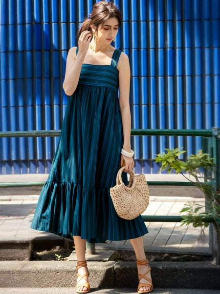 Women Blue Striped Midi Dress Front